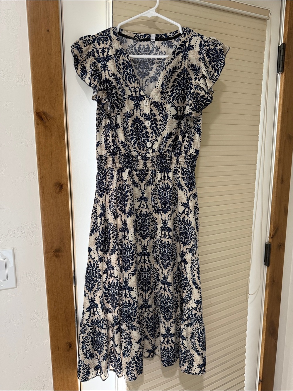 Cream and Navy Damask Midi Dress - Elegant Women's Summer Dress